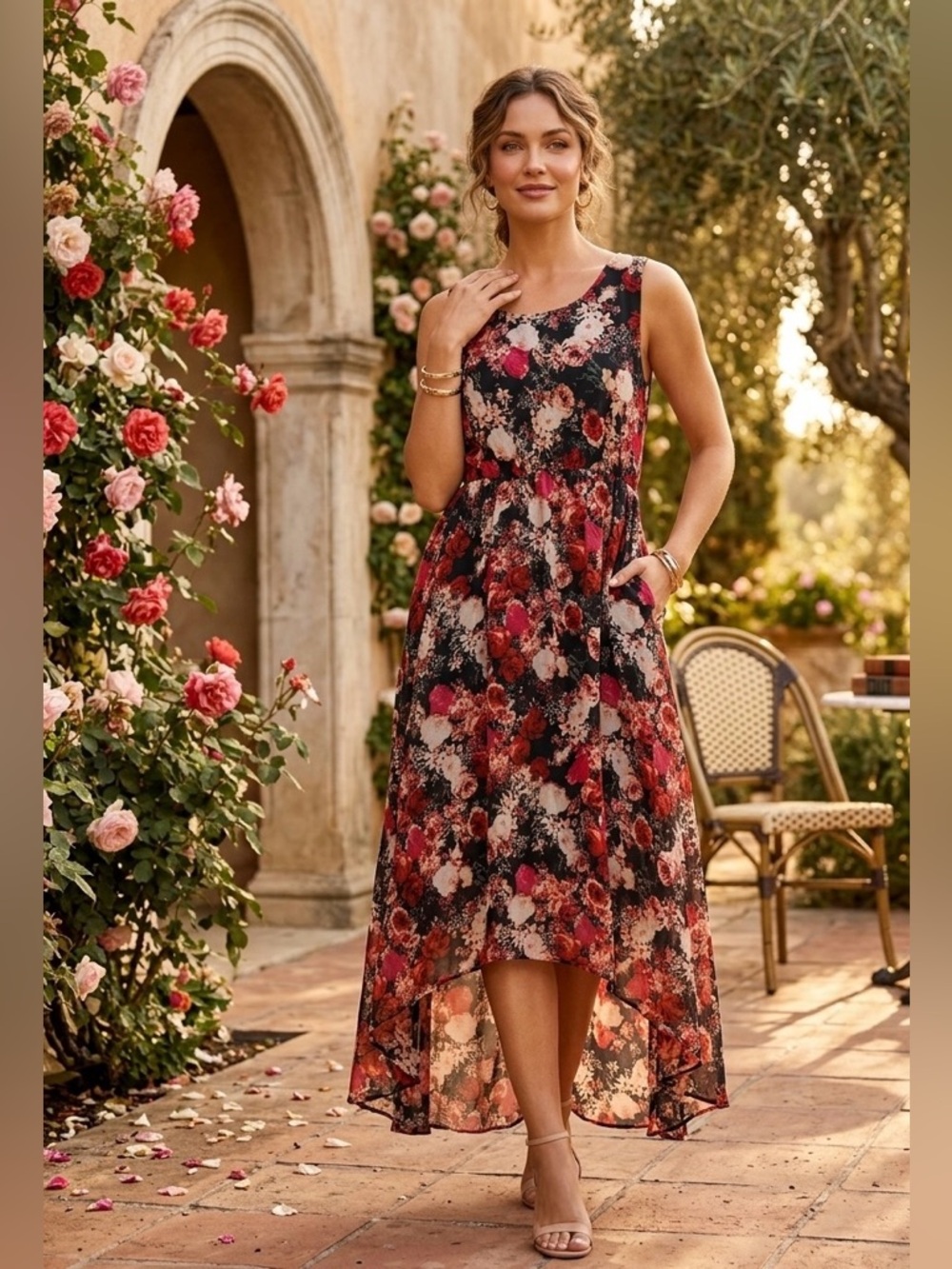 Floral Sleeveless High-Low Maxi Dress - Size UK 18 (US 14)